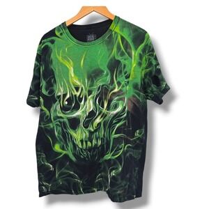 Social Media Green Skull Graphic T Shirt‎ Men's L Grunge Punk Rocker